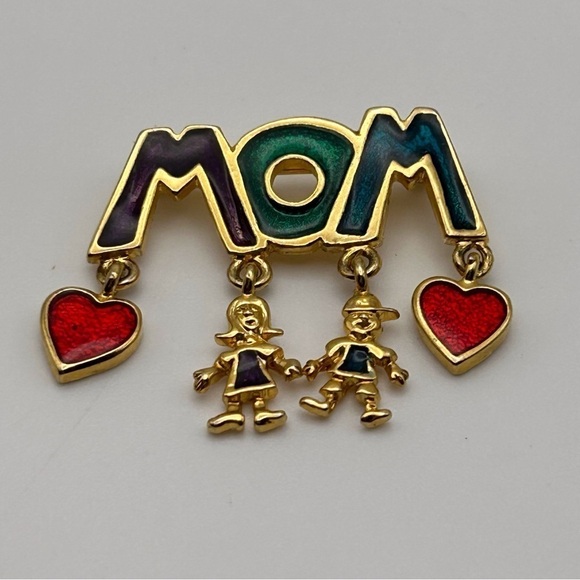 Vintage Gold Tone Mom Mother Brooch Enamel Boy and Girl Mother's Day Present - Picture 2 of 5